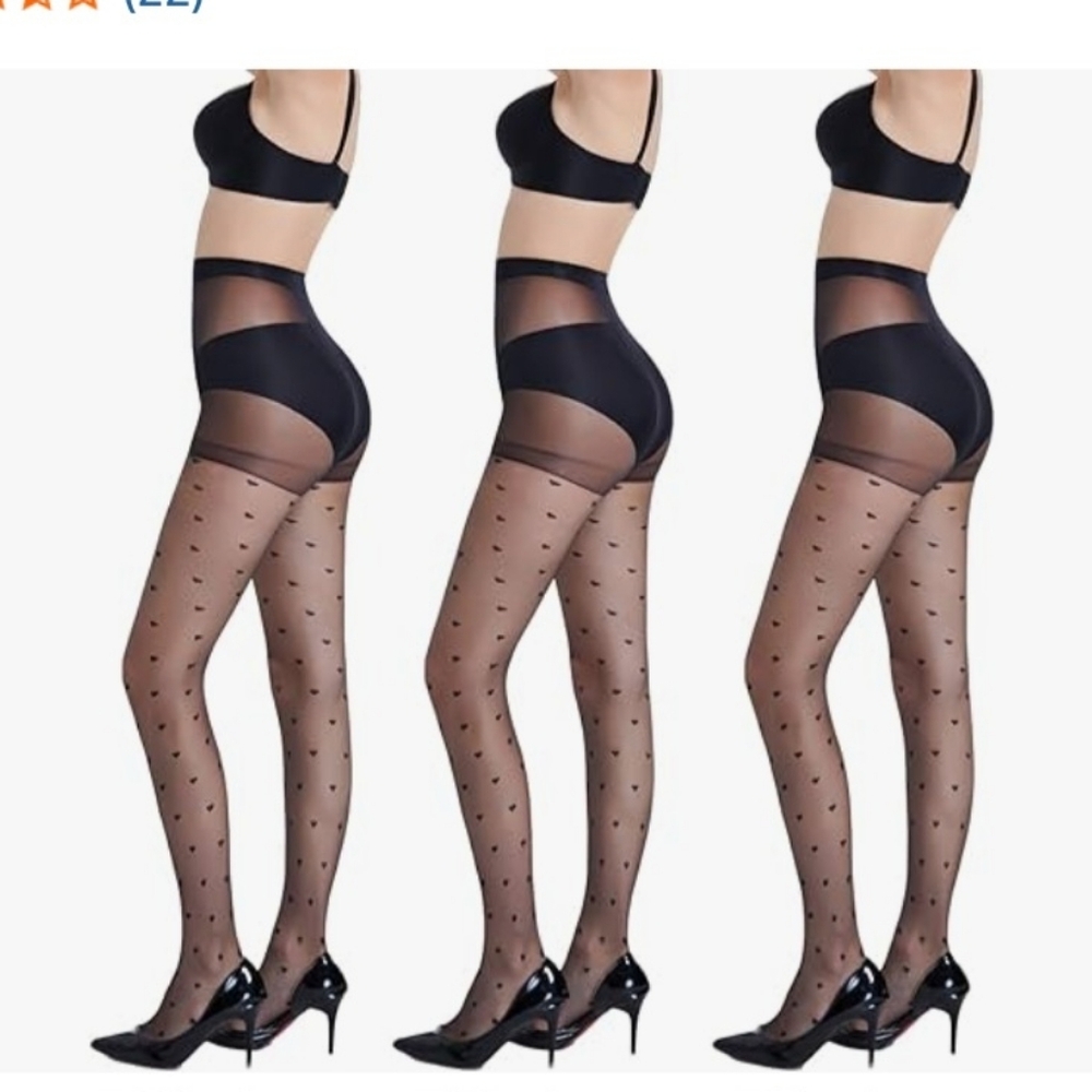 NWT 3 Pair Sheer Black Heart Tights Pantyhose One Size Fits Most
